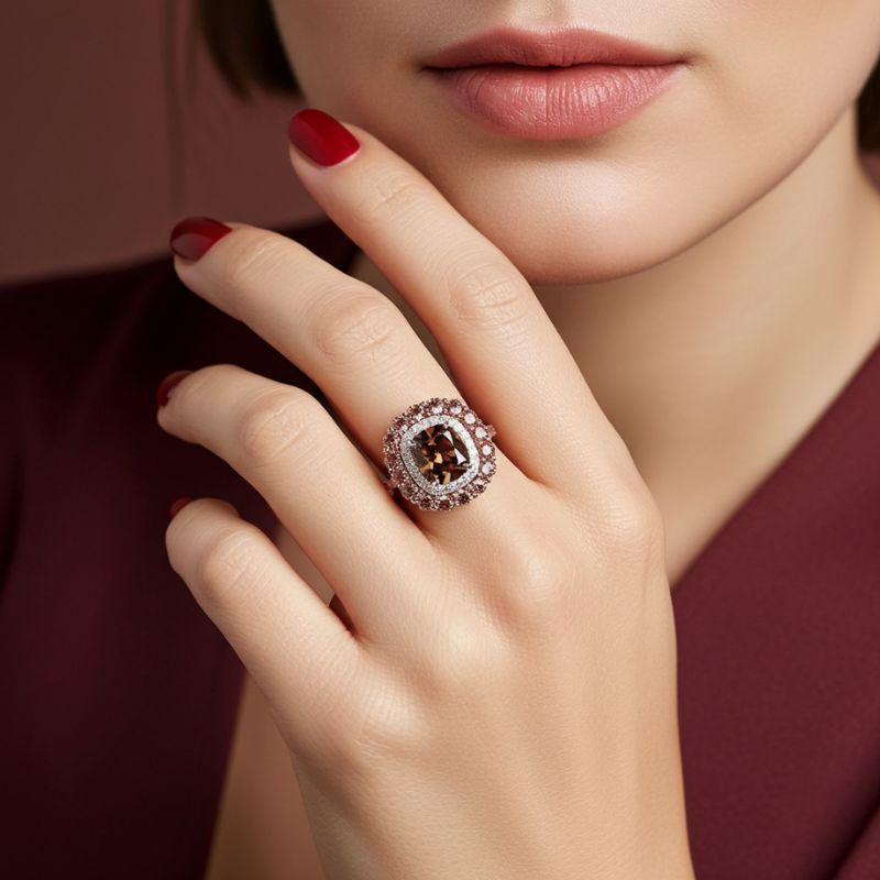 Sotiya Double Halo Cushion Cut Coffee Engagement Ring Sterling Silver