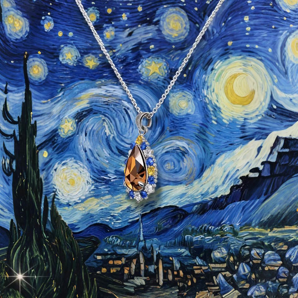 Sotiya Artist Collection Famous Painting Starry Night Halo Pear Cut Chocolate Necklace Sterling Silver