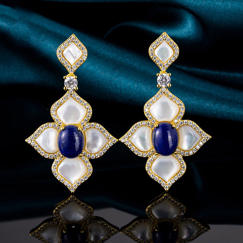 Sotiya Flower Natural Lapis Lazuli & White Mother-of-Pearl 18K Gold Plated Drop Earrings