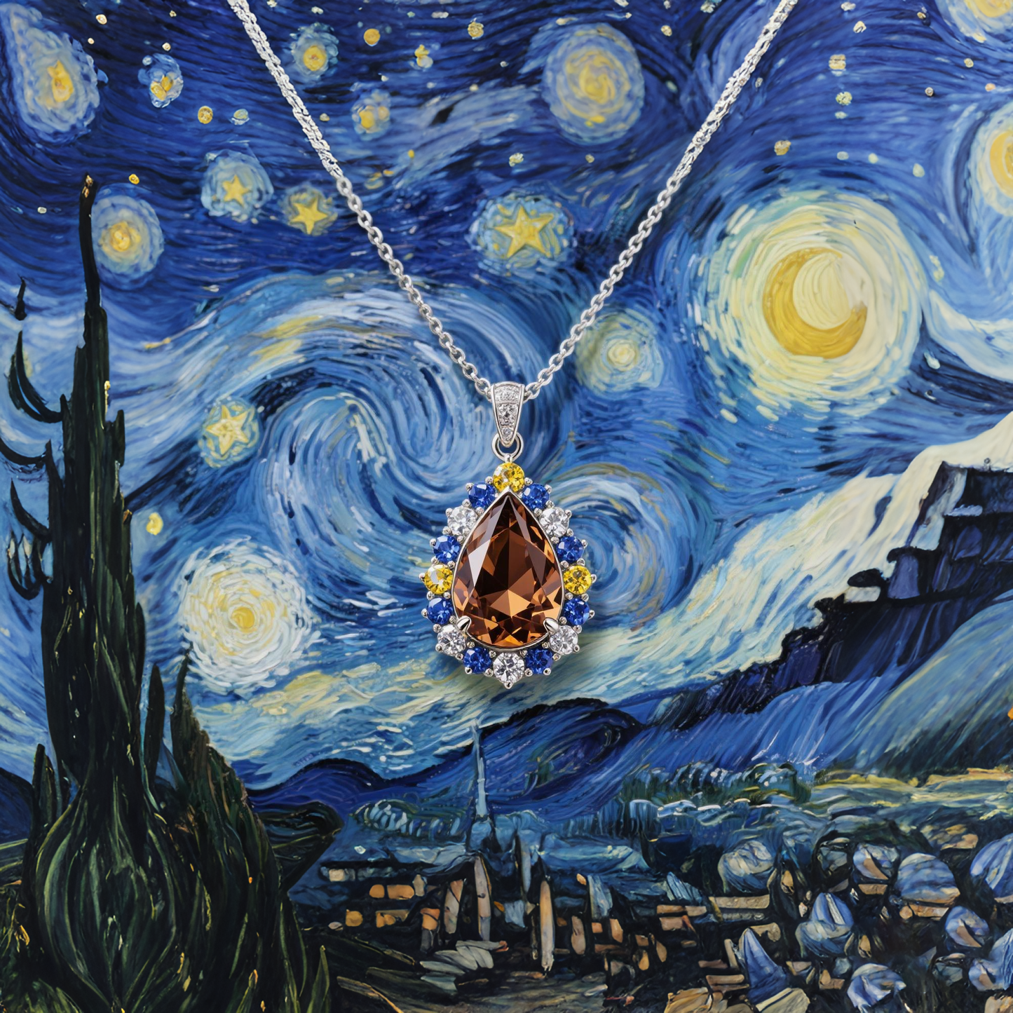 Sotiya Artist Collection Famous Painting Starry Night Halo Pear Cut Chocolate Necklace Sterling Silver