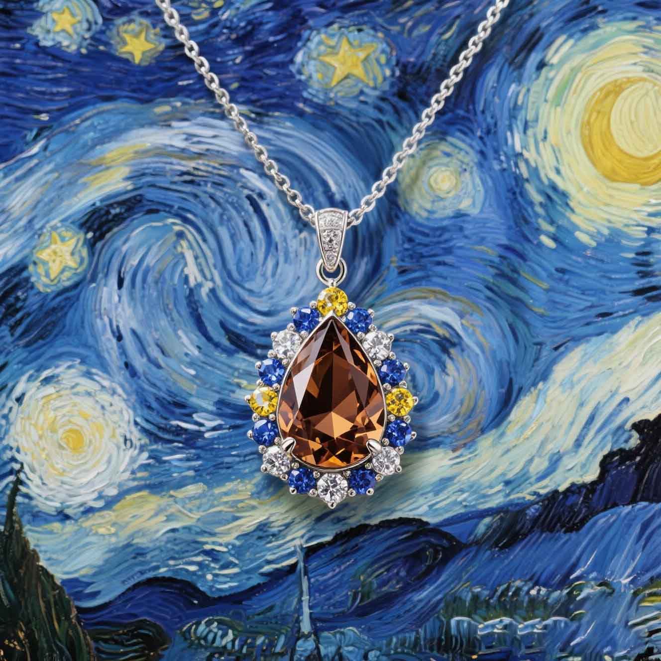 Sotiya Artist Collection Famous Painting Starry Night Halo Pear Cut Chocolate Necklace Sterling Silver