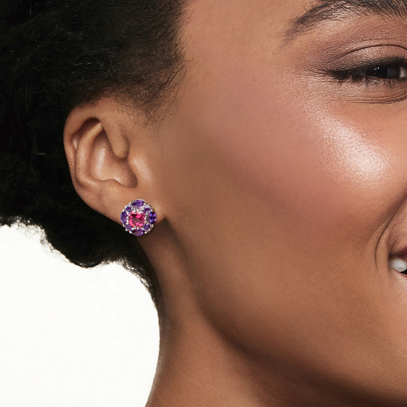 Sotiya Halo Amethyst and Hot Pink Round Cut Stud Earrings Sterling Silver