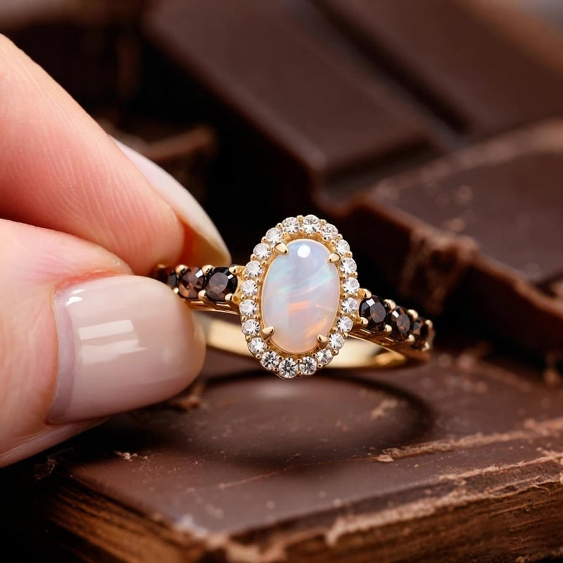 Sotiya Halo Oval Cut Opal Coffee Sidestone Engagement Ring Sterling Silver