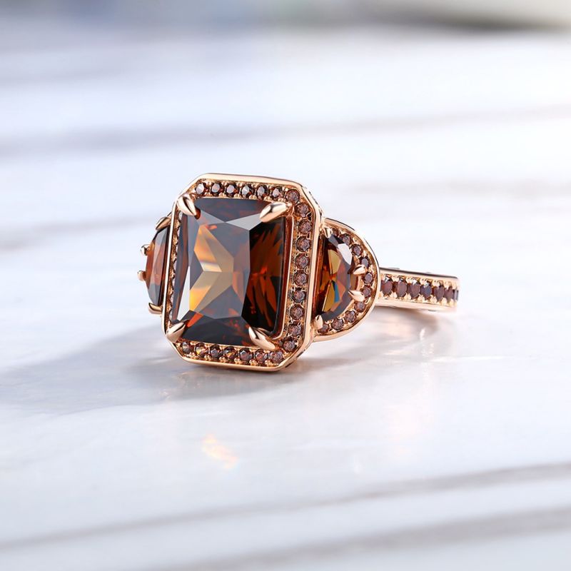 Sotiya Three Stone Halo Radiant Cut Coffee Engagement Ring Sterling Silver