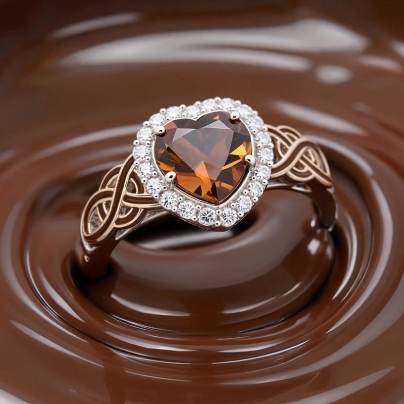 Sotiya Halo Heart Cut Knot Coffee Enamel Engagement Ring Sterling Silver