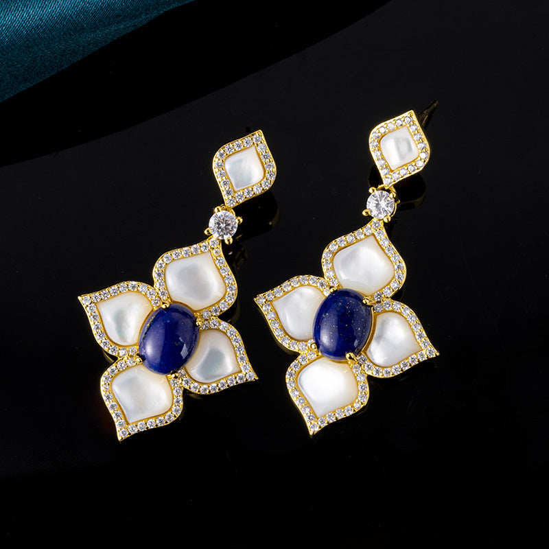 Sotiya Flower Natural Lapis Lazuli & White Mother-of-Pearl 18K Gold Plated Drop Earrings