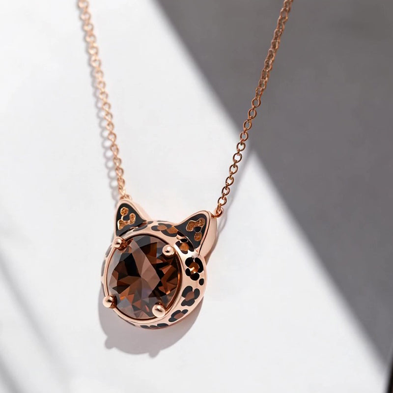 Sotiya Round Cut Leopard Print Coffee Enamel Necklace Sterling Silver