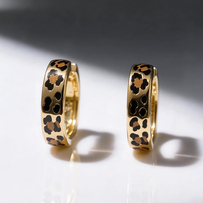 Sotiya Leopard Print Coffee Enamel Hoop Earrings Sterling Silver