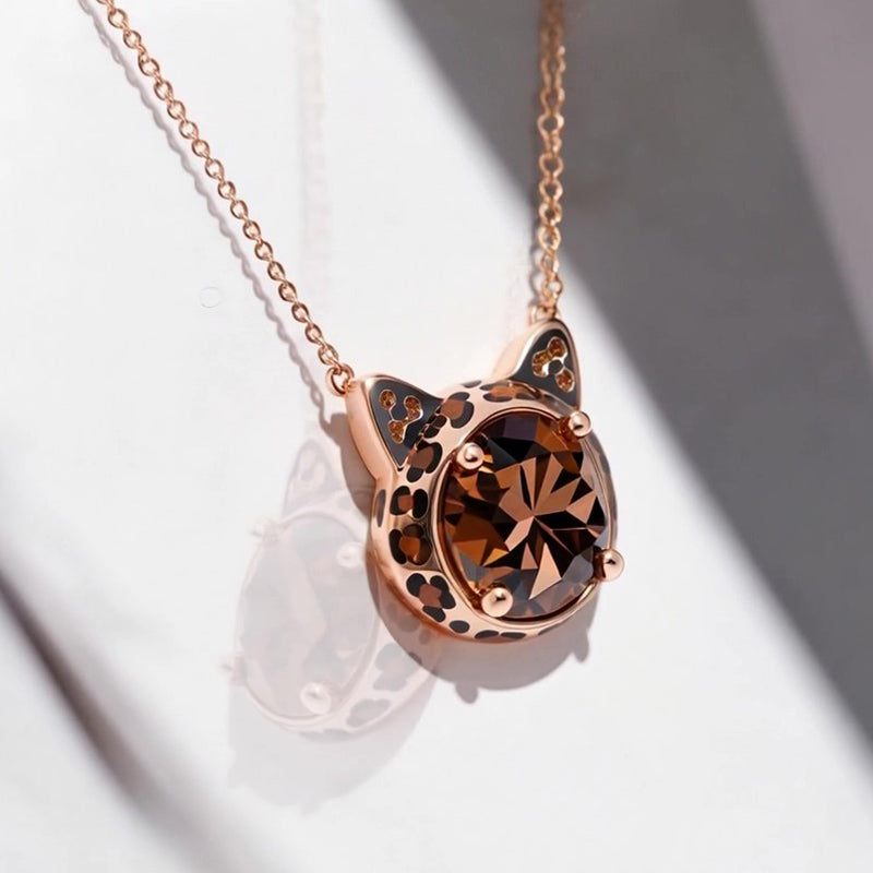 Sotiya Round Cut Leopard Print Coffee Enamel Necklace Sterling Silver