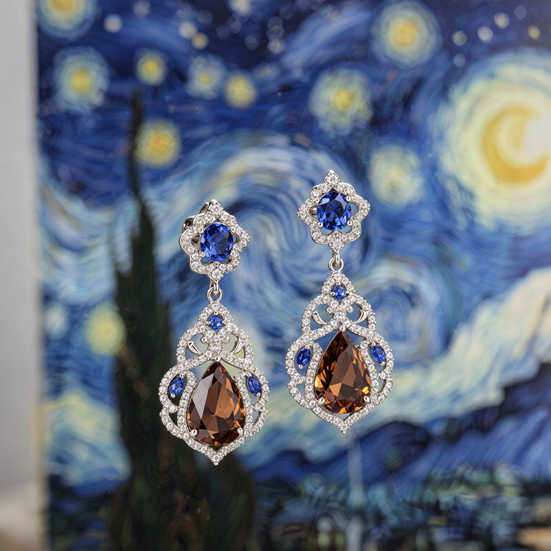Sotiya Artist Collection Famous Painting Starry Night Vintage Pear Cut Chocolate Drop Earrings Sterling Silver