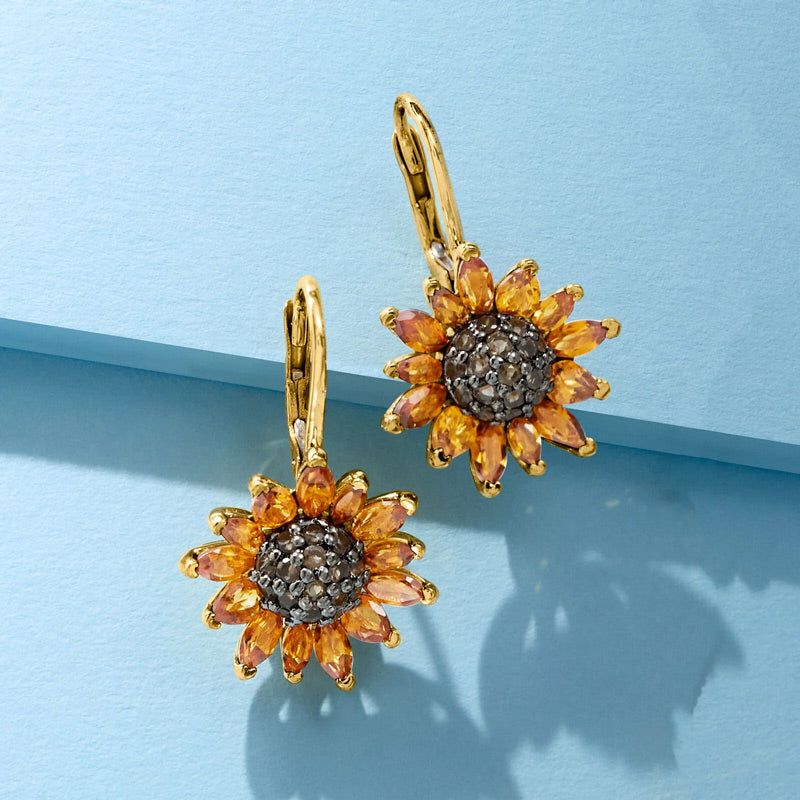Sotiya Artist Collection Citrine and Coffee Sunflower Drop Earrings Sterling Silver