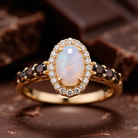 Sotiya Halo Oval Cut Opal Coffee Sidestone Engagement Ring Sterling Silver