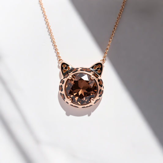 Sotiya Round Cut Leopard Print Coffee Enamel Necklace Sterling Silver