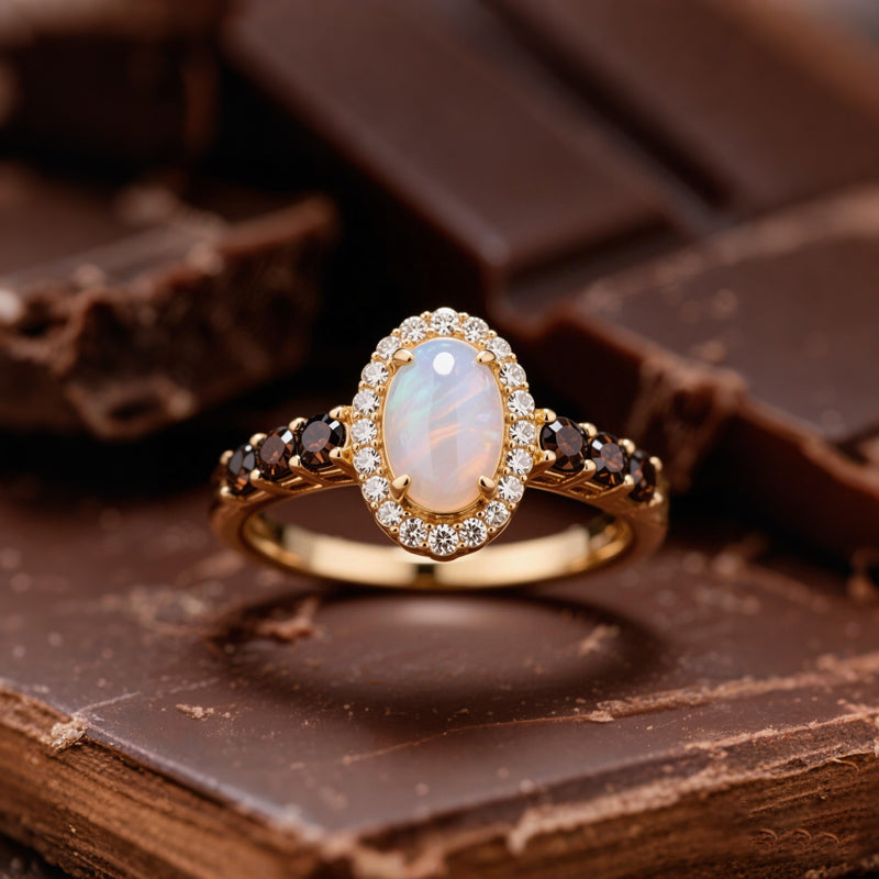 Sotiya Halo Oval Cut Opal Coffee Sidestone Engagement Ring Sterling Silver