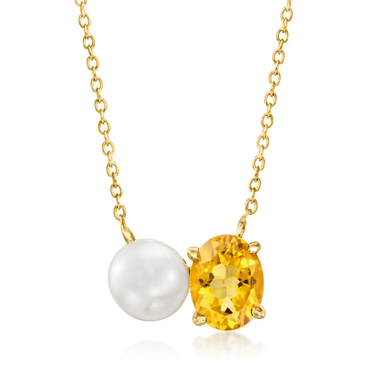 Sotiya Toi et Moi Oval Cut Citrine and Cultured Pearl Two Stone Necklace Sterling Silver